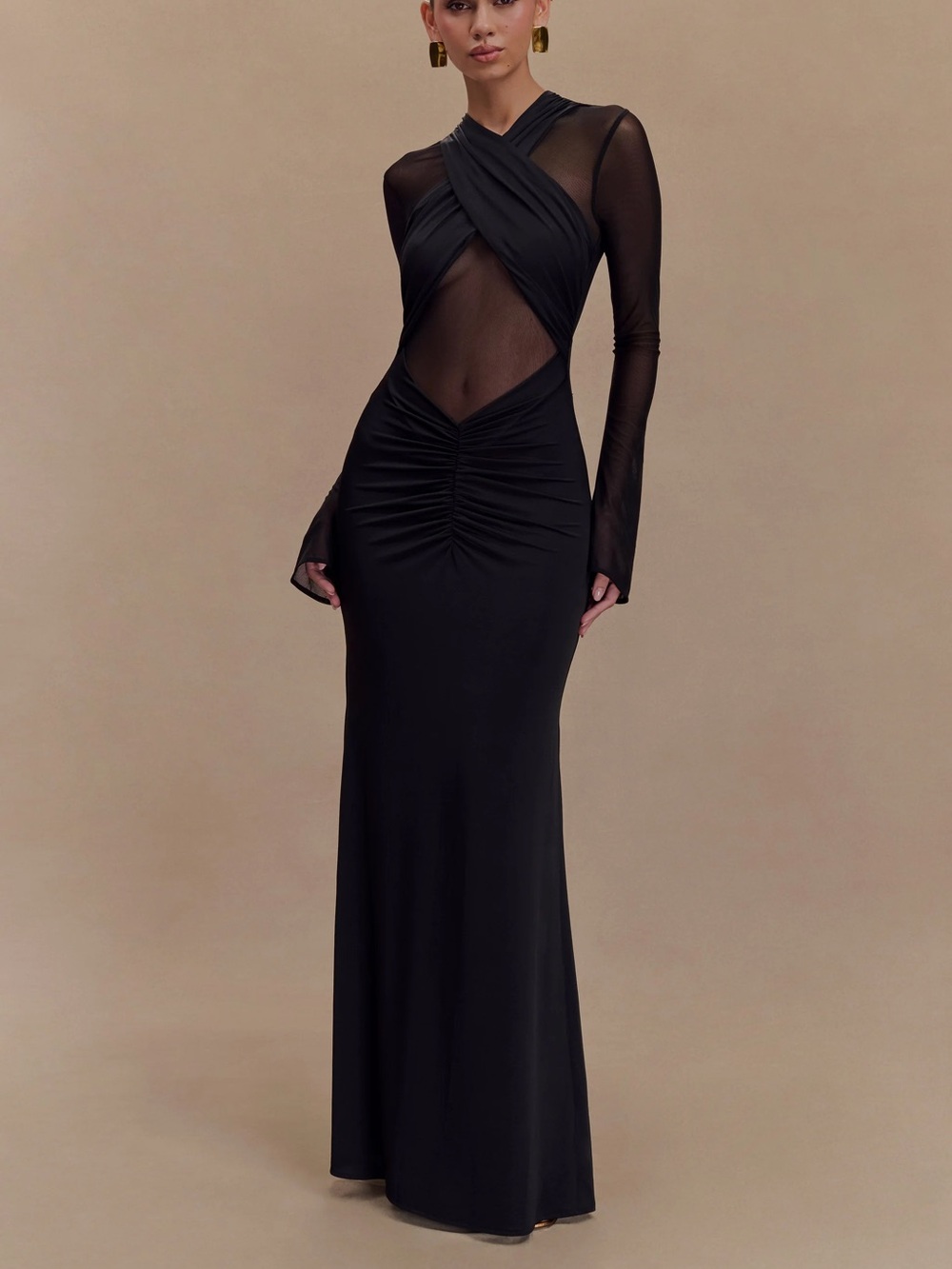 NWT Meshki Tania Slinky and Mesh Long Sleeve Maxi Dress
